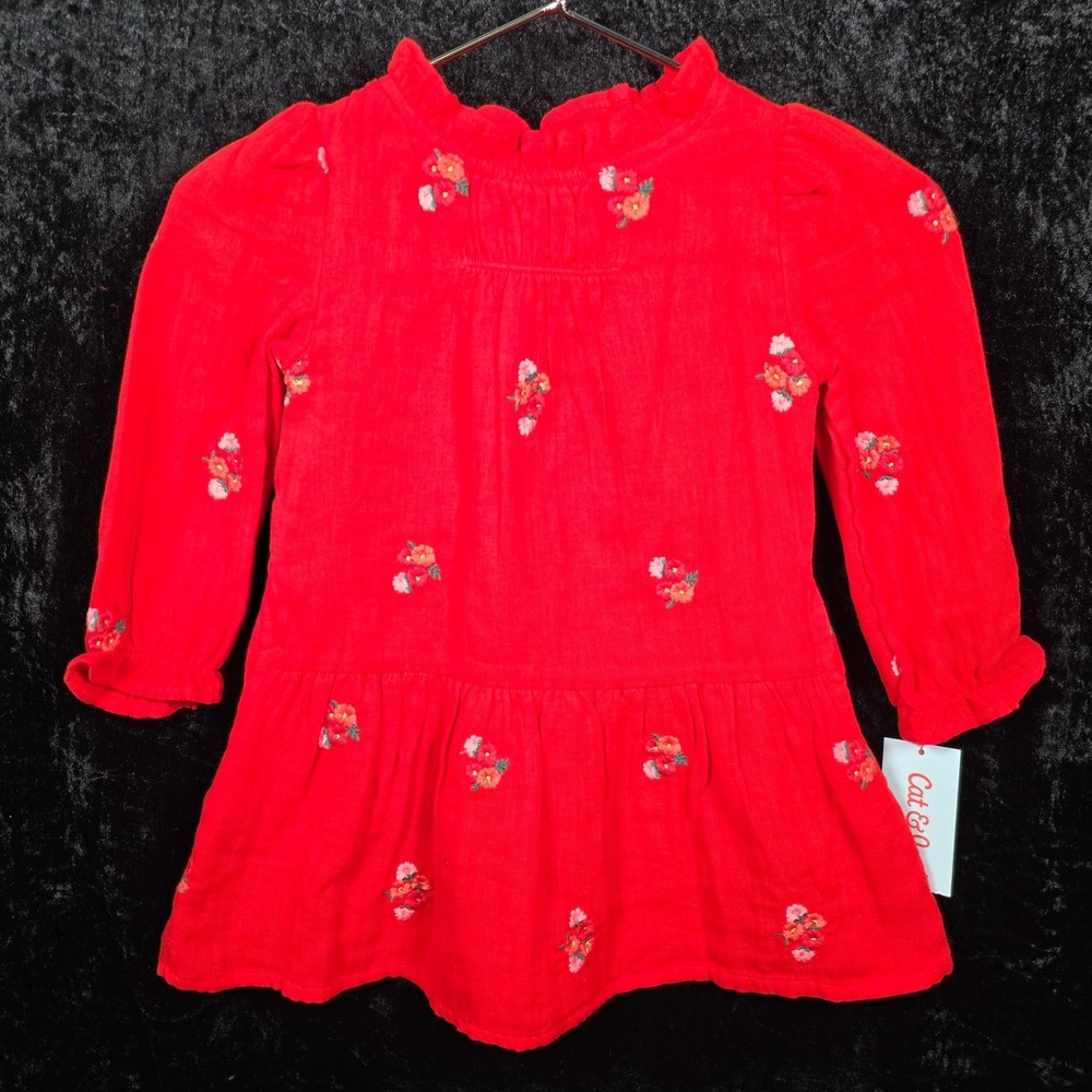 Cat & Jack Toddler Girls Red Floral Embroidered Long Sleeve Tiered Dress 2T
